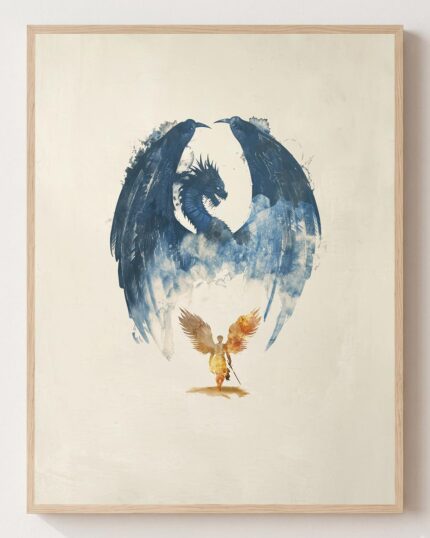 Archangel Michael battles the dragon, fine art print shown framed, Revelation 12 Christian wall art
