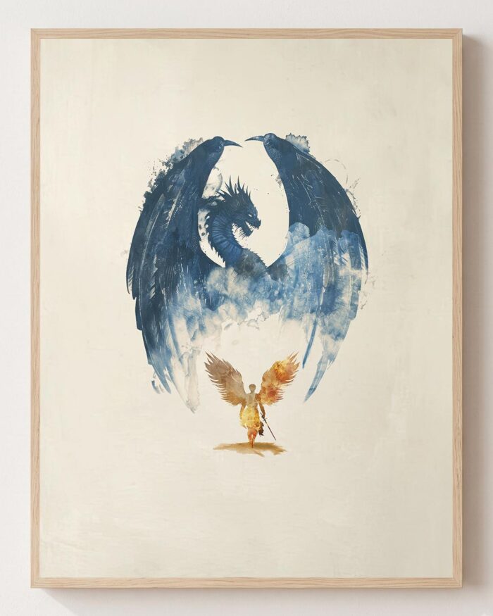 Archangel Michael battles the dragon, fine art print shown framed, Revelation 12 Christian wall art