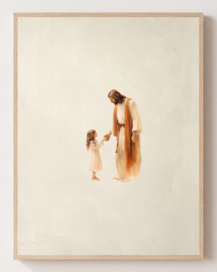 Jesus with a young girl, fine art print shown framed, Mark 10 Christian wall art