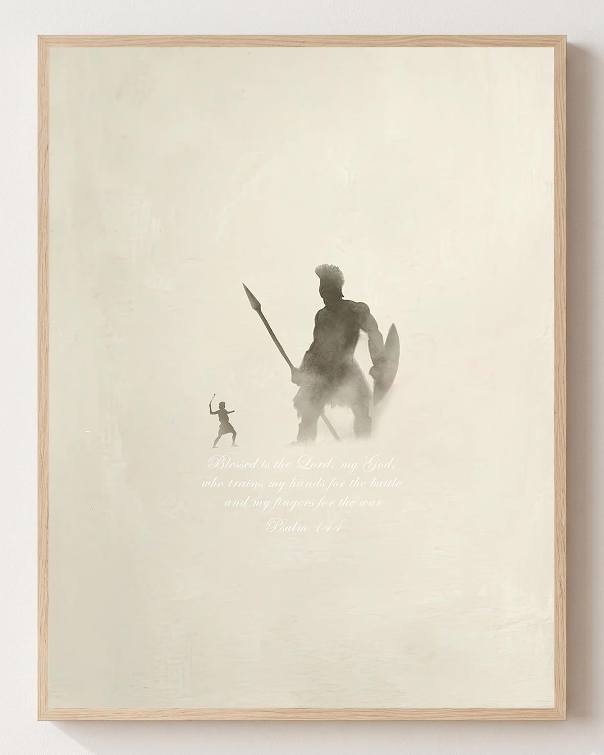 David Goliath Paper Print Main Header David and Goliath fine art print shown framed, 1 Samuel 17 Christian wall art