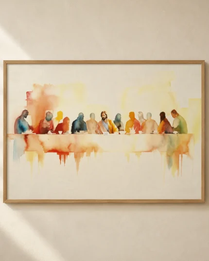 The Last Supper Christian wall art - watercolour print of Jesus and the twelve disciples gathered at the table