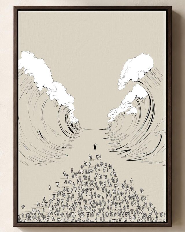 Moses parts the Red Sea, framed canvas print in an espresso floating frame, Exodus 14 Christian canvas wall art