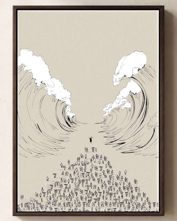 Moses parts the Red Sea, framed canvas print in an espresso floating frame, Exodus 14 Christian canvas wall art
