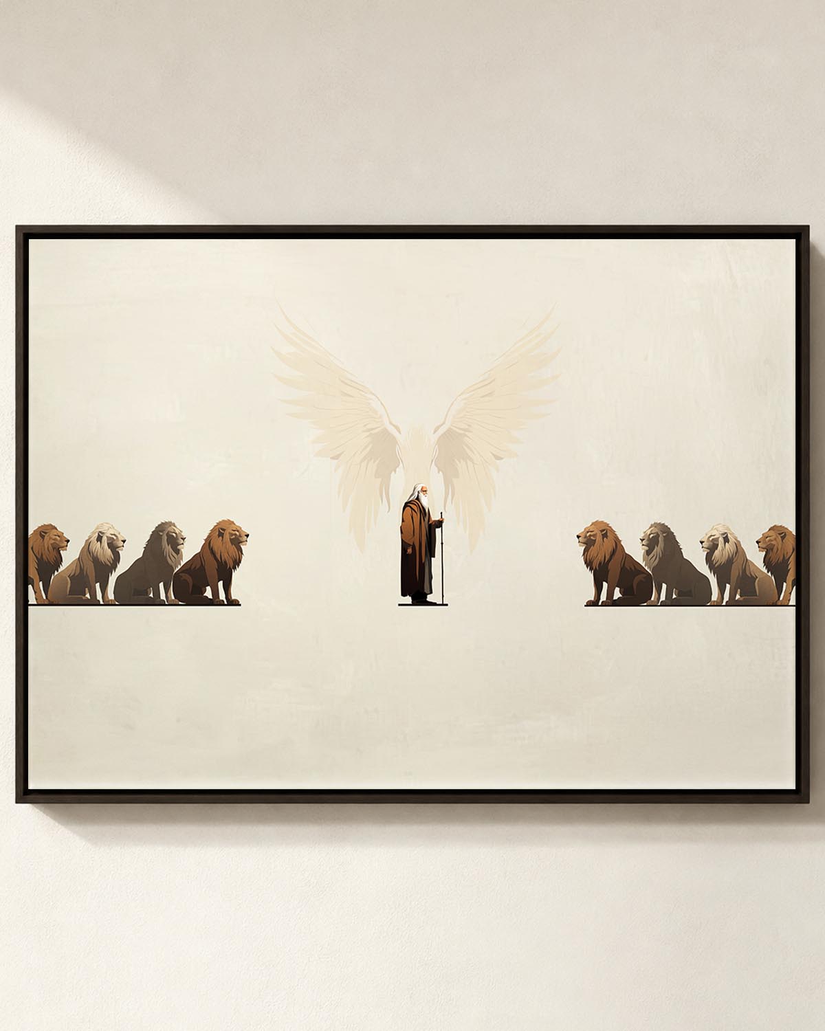 Danie in the Lions Den Canvas Print Main Header Daniel in the Lions Den Christian canvas print - Daniel standing calm among the lions, framed biblical wall art