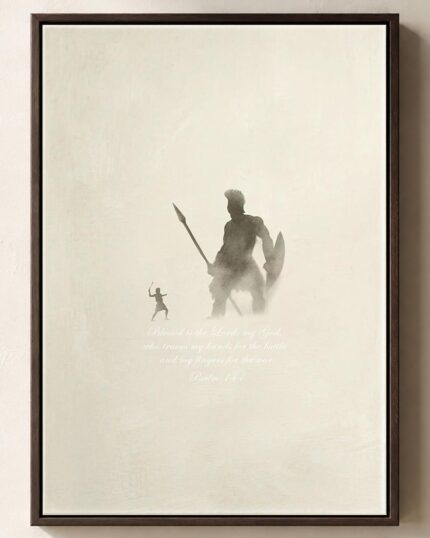 David and Goliath framed canvas print in an espresso floating frame, 1 Samuel 17 Christian canvas wall art