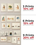 Fine art print bundle discounts: 3 prints 10% off, 6 prints 15% off, 9 prints 20% off, applied automatically at checkout
