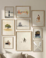 Nine biblical paintings hung as a gallery wall - The Faithful Nine Christian printable art set including The Last Supper, David and Goliath and Noah's Ark in oak frames.