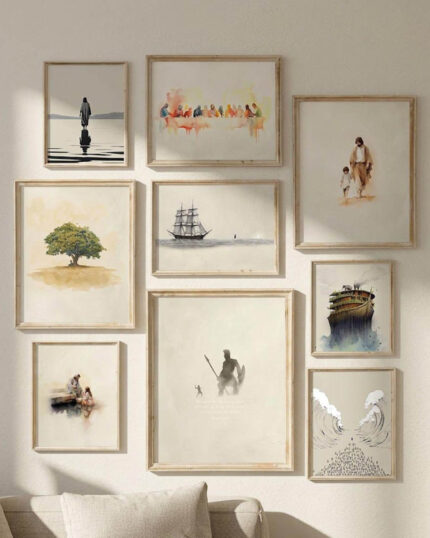 Nine biblical paintings hung as a gallery wall - The Faithful Nine Christian printable art set including The Last Supper, David and Goliath and Noah's Ark in oak frames.