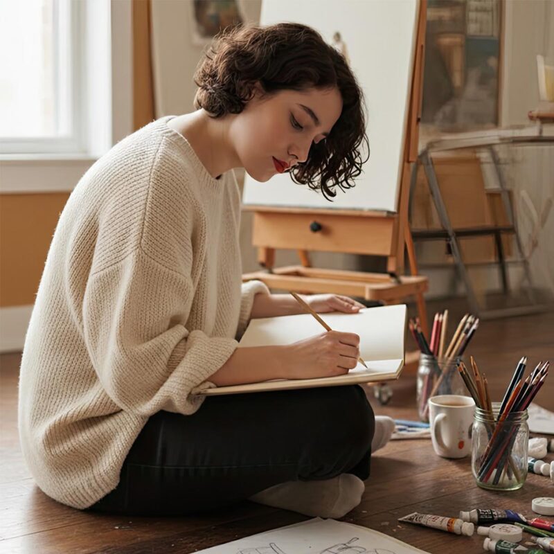 Sarah, founder of Magic Tree Prints, at work in her studio