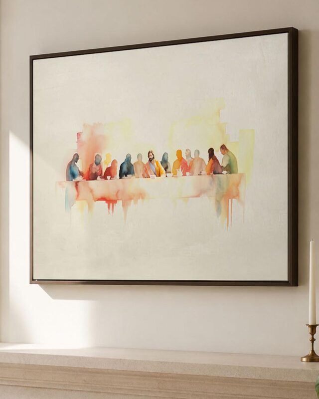 The Last Supper framed canvas print in an espresso floating frame above a limestone mantel, Luke 22 Christian canvas wall art