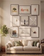 The Faithful Nine gallery wall above a linen sofa in a modern living room - nine Christian printable paintings in matching oak frames.
