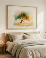 Garden of Gethsemane fine art print above a wooden bed with sage green and natural linen bedding - frame not included