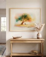Garden of Gethsemane fine art print hanging in an entryway above a wooden console table with pampas grass in a ceramic vase and a woven basket - frame not included