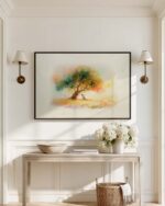 Garden of Gethsemane canvas in a black frame hanging in an entryway above a console table with brass wall sconces and white hydrangeas
