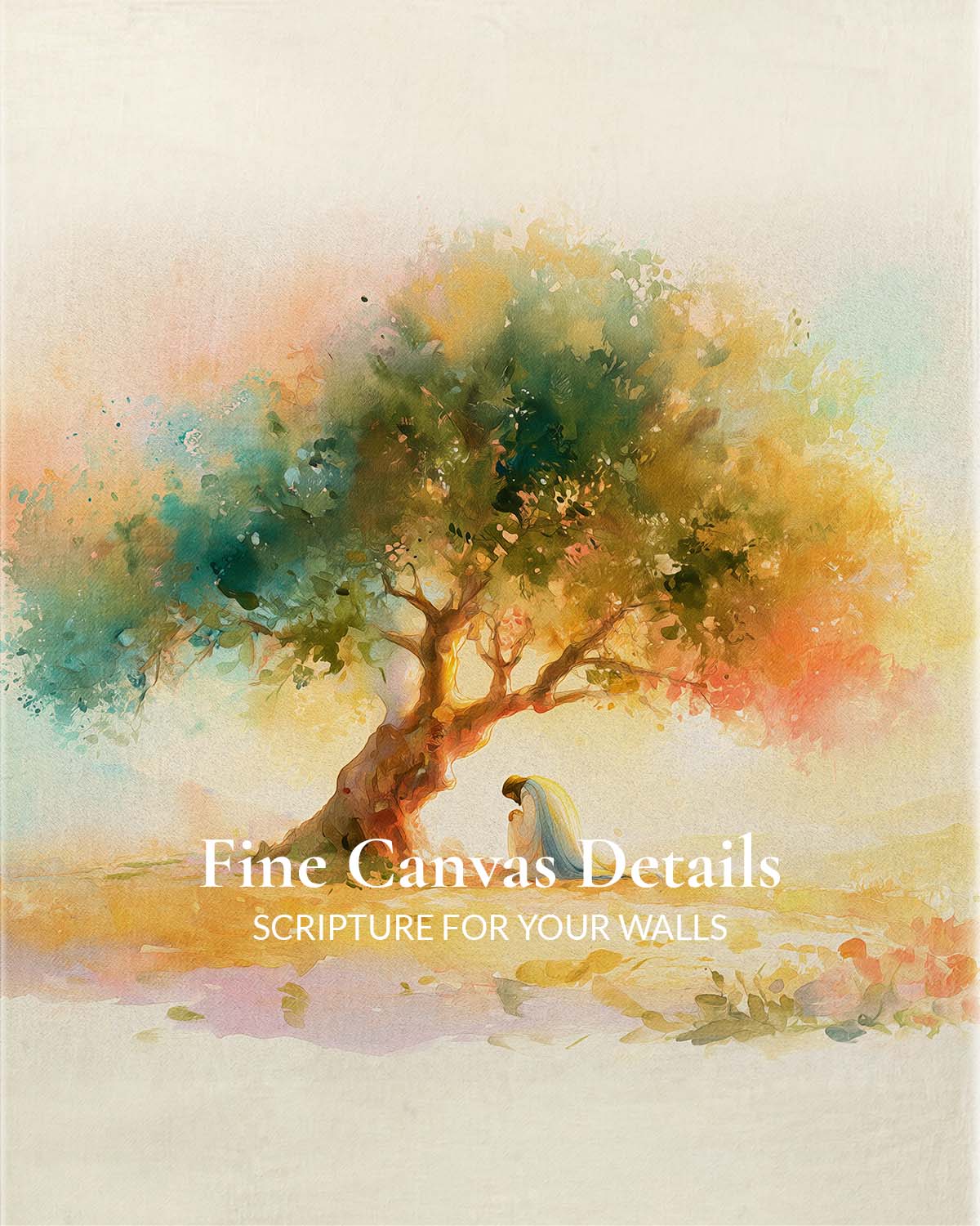 Garden of Gethsemane Framed Canvas Print - close-up canvas detail Close-up of the Garden of Gethsemane canvas showing the woven canvas texture and soft watercolour detail, captioned Fine Canvas Details, Scripture for Your Walls