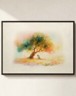 Garden of Gethsemane framed canvas print in a black frame on a cream wall, showing Jesus kneeling in prayer beneath an olive tree, Luke 22