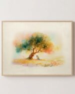 Garden of Gethsemane fine art print shown in a light oak frame on a cream wall, Jesus kneeling in prayer beneath an olive tree, Luke 22 - frame not included
