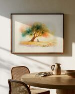 Garden of Gethsemane canvas in a walnut frame on a dining room wall above a round oak table with cane chairs