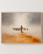 Jesus Leaves the 99 (Landscape) - Christian fine art print shown framed on a neutral wall, Luke 15:3-7