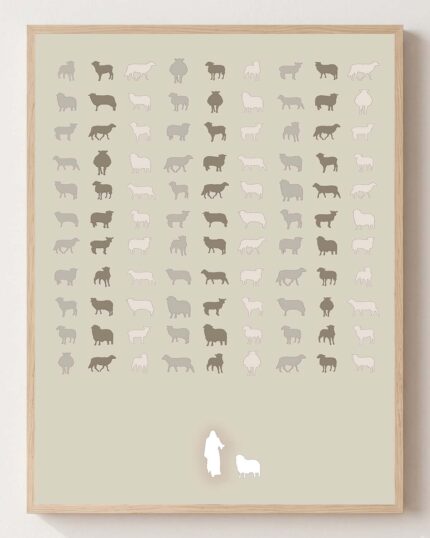 Jesus Leaves the 99 (Minimalist) - Christian fine art print shown framed on a neutral wall, Luke 15:3-7