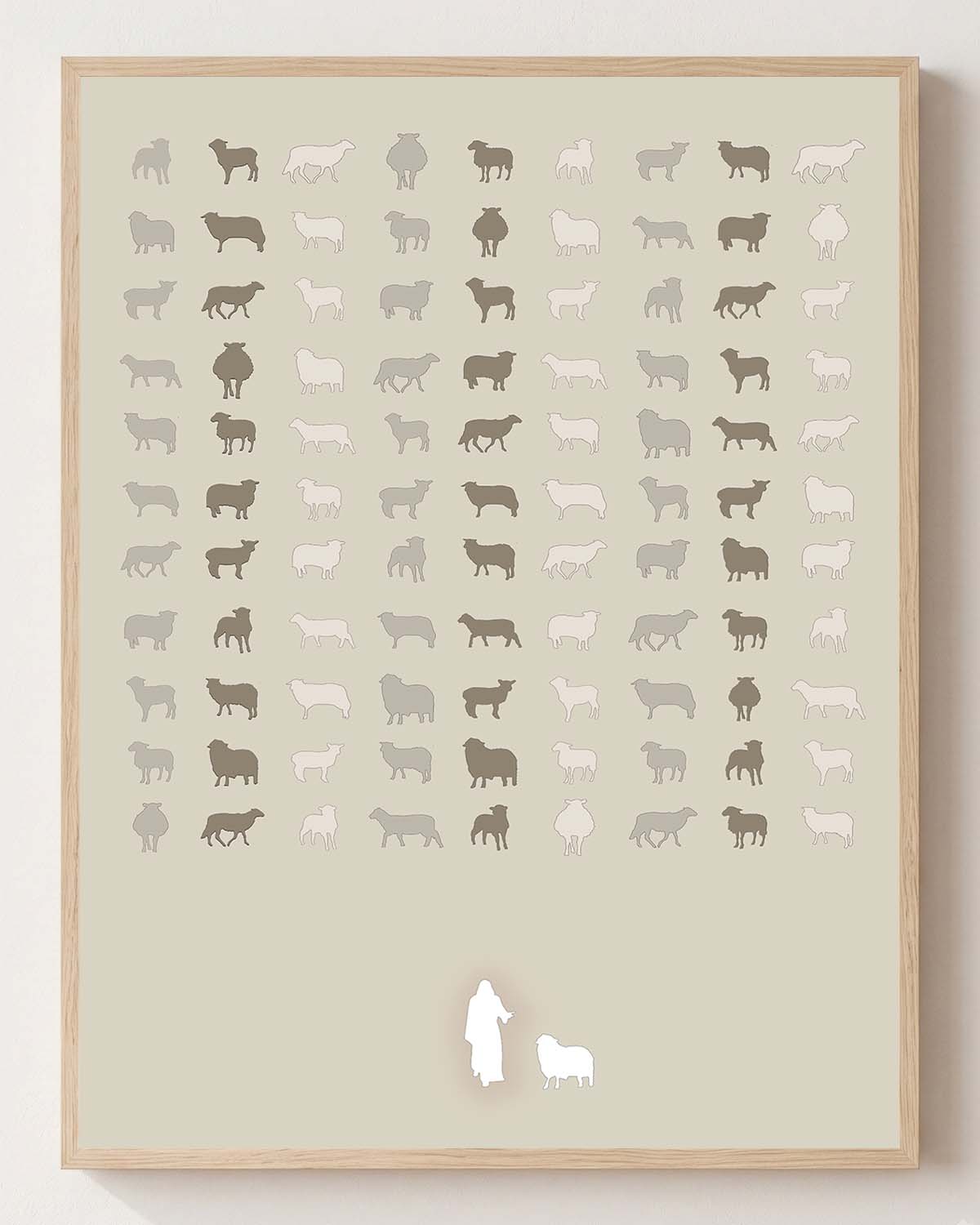 Jesus Leaves the 99 Paper Print Vertical Main Header Jesus Leaves the 99 (Minimalist) - Christian fine art print shown framed on a neutral wall, Luke 15:3-7