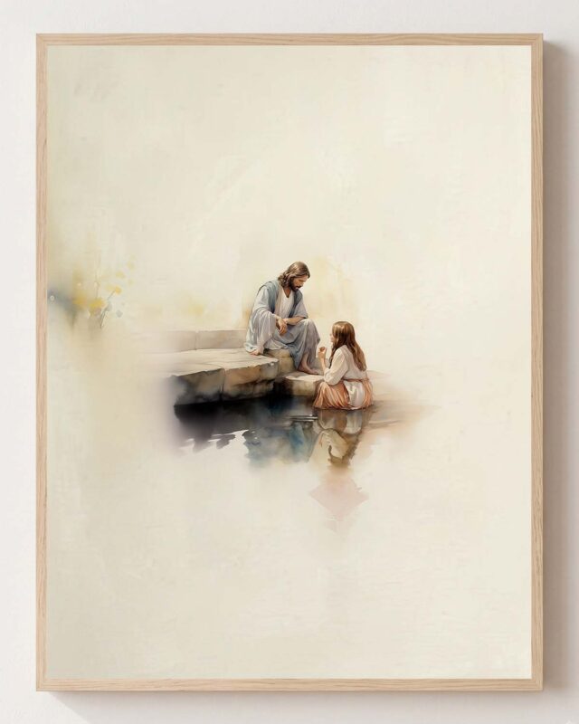 Jesus Listening - Christian fine art print shown framed on a neutral wall