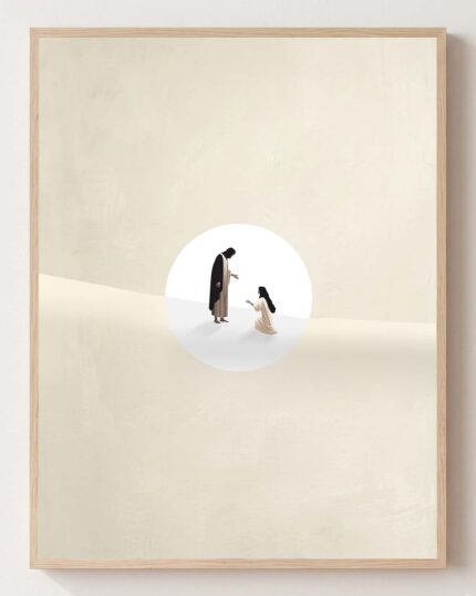 Jesus Heals the Bleeding Woman (Minimalist) - Christian fine art print shown framed on a neutral wall, Mark 5:25-34