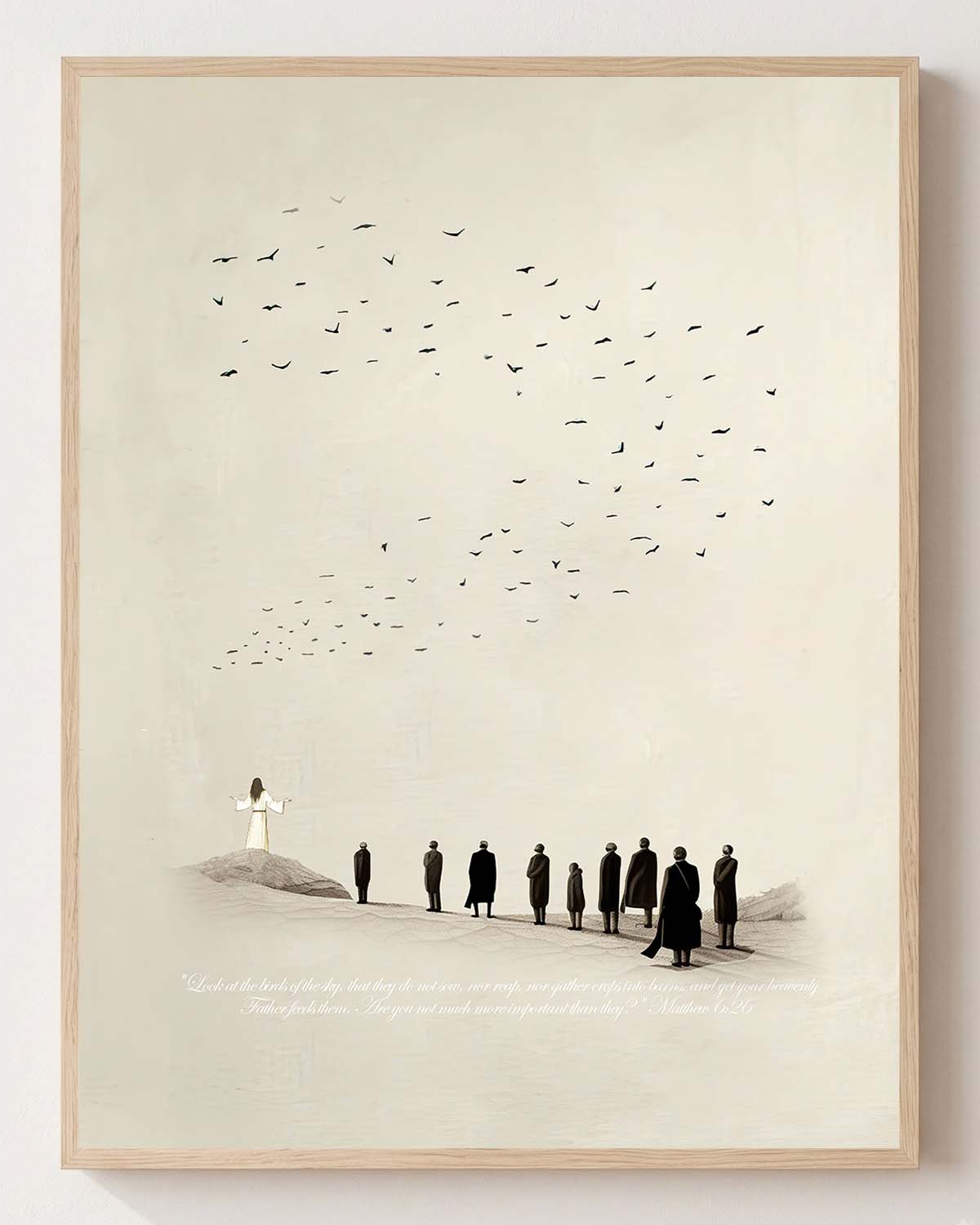 Jesus look at the birds (far) Paper Print Vertical Main Header Jesus ‘Look at the Birds’ - Christian fine art print shown framed on a neutral wall, Matthew 6:26
