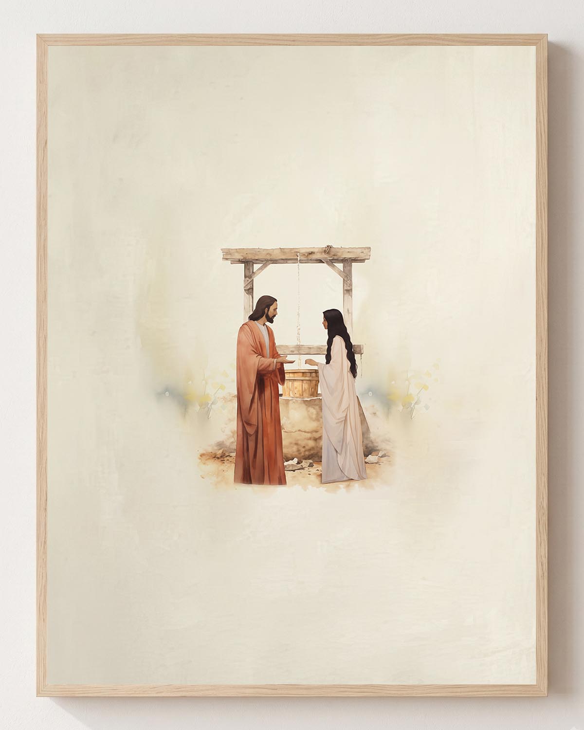 Jesus with the Woman at the Well Paper Print Vertical Main Header Jesus and the Woman at the Well - Christian fine art print shown framed on a neutral wall, John 4:13-14