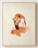 The Lion and the Lamb - Christian fine art print shown framed on a neutral wall, Revelation 5:5-6
