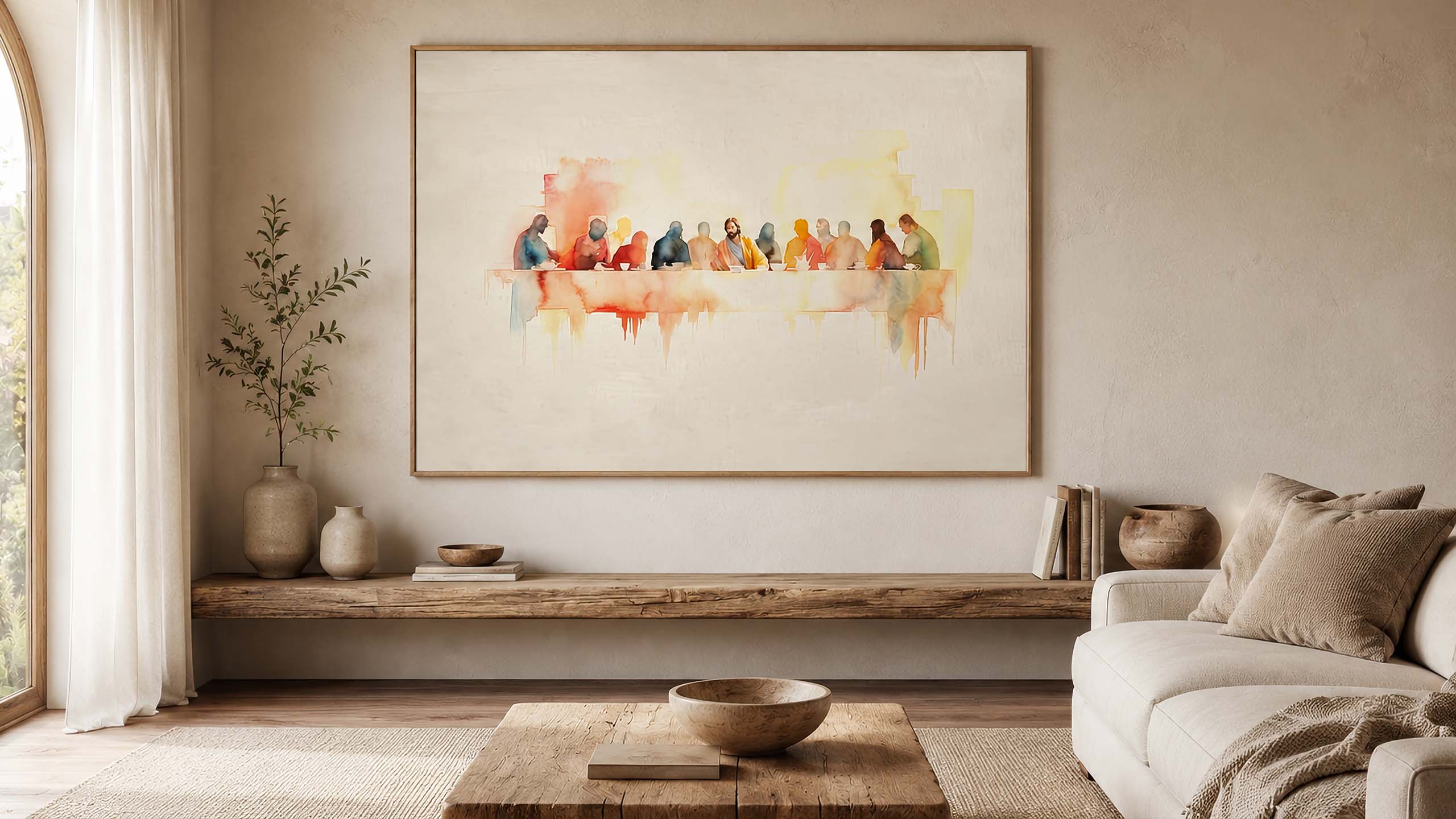 The Last Supper watercolour canvas print hanging above a reclaimed wood console in a sunlit neutral living room, Luke 22 Christian wall art