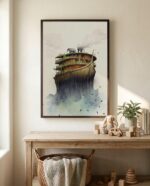 Noah's Ark watercolour print in a dark frame above an oak console table, Genesis 9:13 Christian nursery wall art with soft toys, wooden blocks and a woven basket.