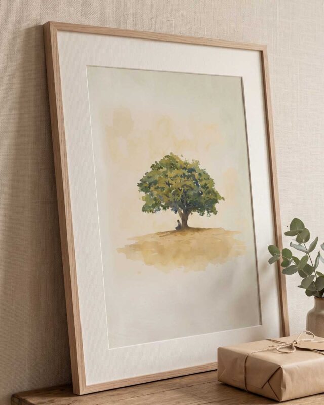 Nathanael and the Fig Tree fine art print in a light oak frame with a white mat, John 1 Christian wall art