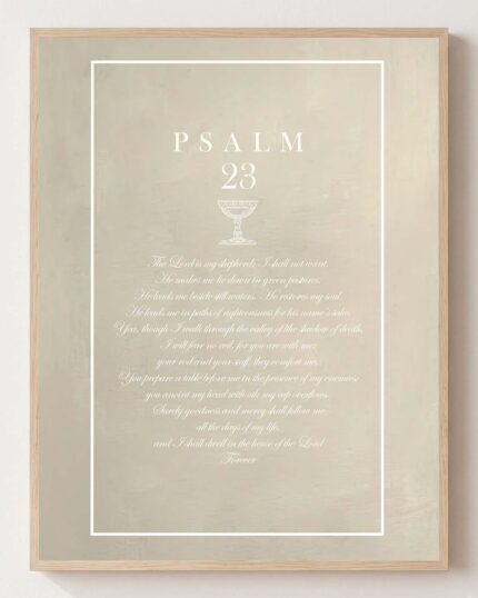 Psalm 23 (Scripture Text) - Christian fine art print shown framed on a neutral wall