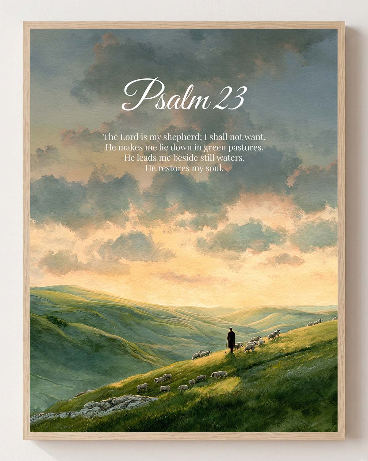 Psalm 23 (oil) Paper Print Vertical Main Header copy Psalm 23 (Landscape) - Christian fine art print shown framed on a neutral wall