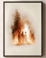 Shadrach, Meshach and Abednego framed canvas print in an espresso frame on a cream wall, showing three men standing unbound in the furnace with a luminous fourth figure, Daniel 3