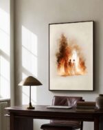 Shadrach, Meshach and Abednego canvas in a dark wood frame above a home office desk with a brass lamp, leather chair and stacked books