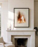 Shadrach, Meshach and Abednego canvas in a dark oak frame above a limestone fireplace with brass candlesticks and trailing ivy