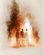 Close-up of the Shadrach, Meshach and Abednego canvas showing the woven canvas texture and painted flame detail, captioned Fine Canvas Details, Scripture for Your Walls