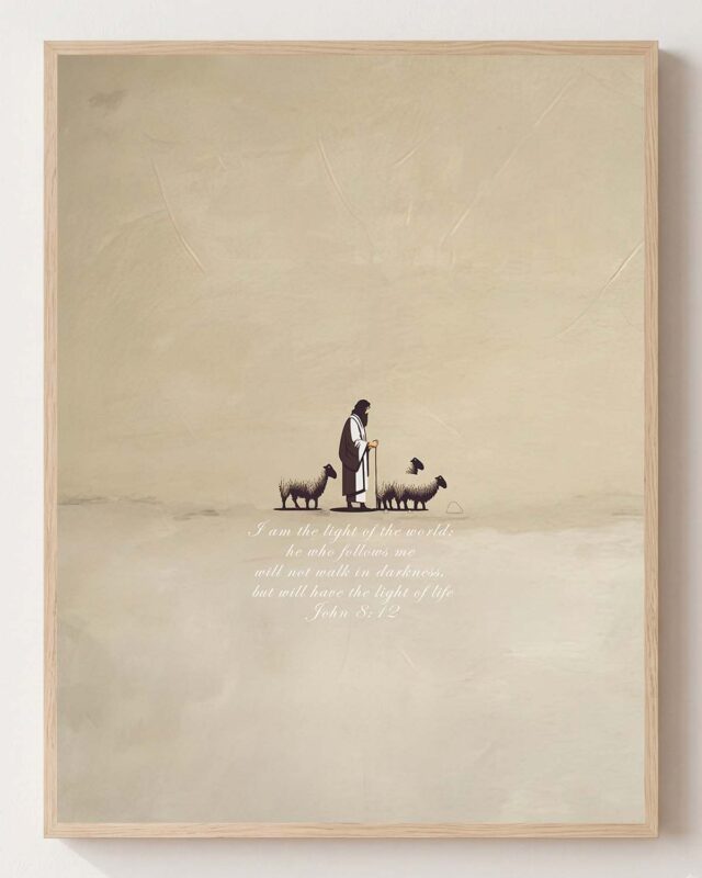 The Good Shepherd - Christian fine art print shown framed on a neutral wall, John 10:11-16