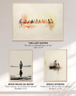 Three Christian art prints with scripture - The Last Supper (Luke 22:19), Jesus Walks on Water (Matthew 14:27) and Jesus Listening (Matthew 11:28) framed on a wall.