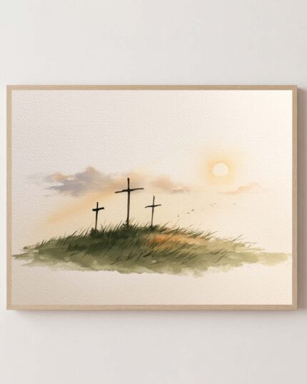 Three Crosses at Calvary fine art print in a light oak frame on a white wall, three crosses on a grassy hill at sunrise, Luke 23:33