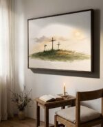 Three Crosses at Calvary canvas in a walnut frame above a wooden prayer table with an open Bible and lit candle, Luke 23:33