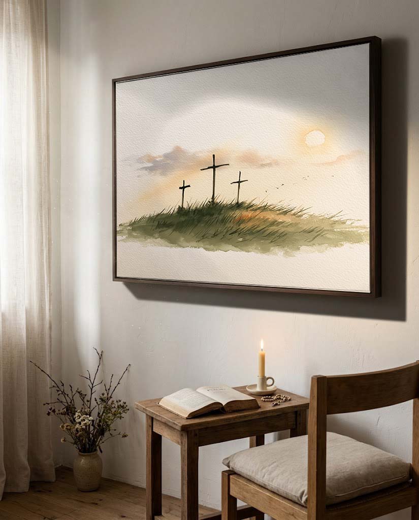 Three Crosses at Calvary Framed Canvas Print - prayer room Three Crosses at Calvary canvas in a walnut frame above a wooden prayer table with an open Bible and lit candle, Luke 23:33