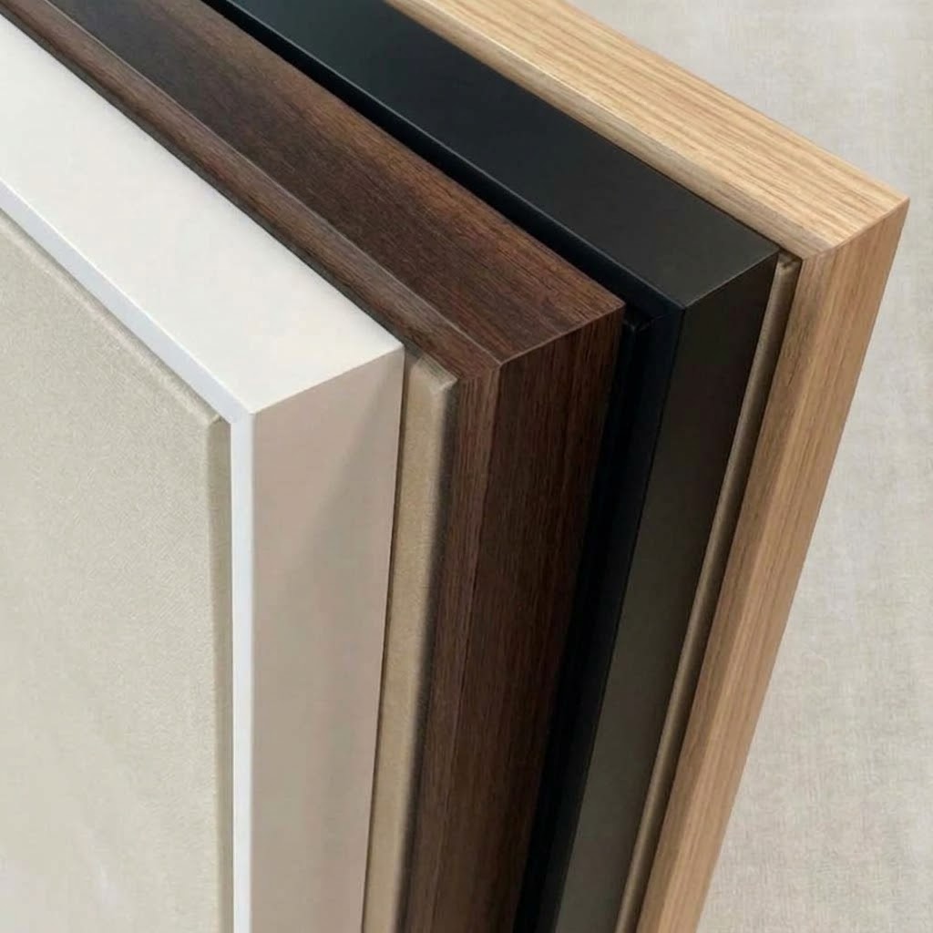 Showing Frame Colors Espresso, Black, White and Natural Framed canvas print frame colour options - white, espresso wood, black and natural wood